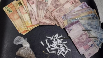 Pinos de cocaína, maconha e dinheiro