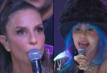 Ivete e Baby do Brasil fazendo uso de microfone durante Carnaval de Salvador