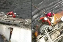 Carreta com cabine submersa no rio Santo Antônio em Lençóis