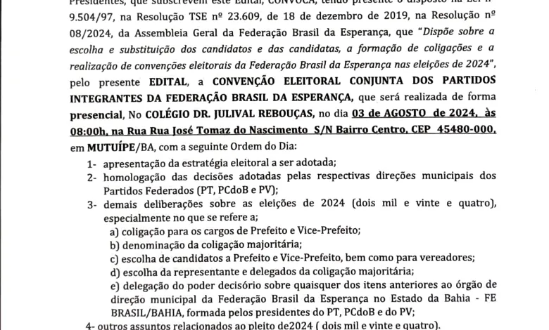 Convocação de convenção do PT Mutuipe