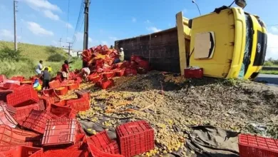 Caminhão carregado de caju tomba na BR-324 em Feira de Santana.